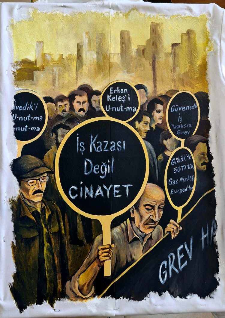 50x70 İşçi önlüğü üzerine akrilik boya (Kaza Değil Cinayet)